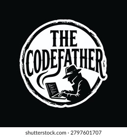 The codefather funny coder programmer parody circular badge vector, software engineering grunge vintage stamp logo with programmer typing on laptop silhouette illustration.