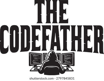 The codefather funny coder programmer parody vector t-shirt design, developer character typing on multiple monitors workstation setup silhouette graphic illustration.