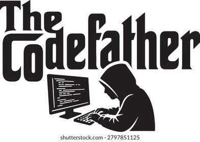 The codefather funny coder programmer parody vector logo badge, hooded hacker typing on desktop computer monitor desk setup silhouette graphic illustration.