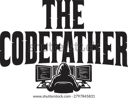 The codefather funny coder programmer parody vector t-shirt design, developer character typing on multiple monitors workstation setup silhouette graphic illustration.