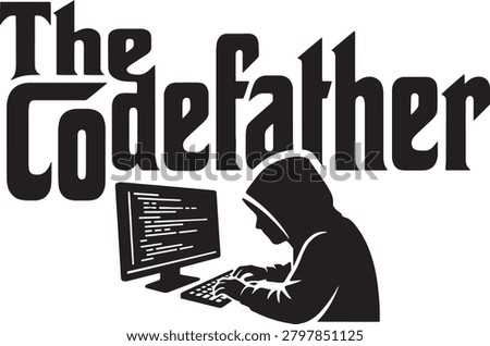 The codefather funny coder programmer parody vector logo badge, hooded hacker typing on desktop computer monitor desk setup silhouette graphic illustration.