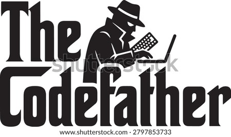 The codefather funny coder programmer parody vector logo badge, software engineering block typography design with detective hacker silhouette typing on laptop illustration.