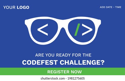 CodeFest, Annual coding festival. Codefest banner for social media. Hackathon, marathon, problem-solving event. Glasses, spectacles, optical frames showing coding challenges Vector illustration banner