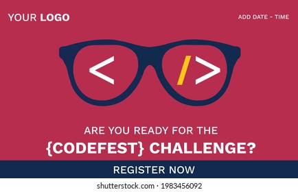 CodeFest, festival anual de codificación. Cartel de Codefest para los medios sociales. Hackathon, maratón, evento para resolver problemas. Gafas, anteojos, marcos ópticos que muestren desafíos de codificación Banner de ilustración vectorial