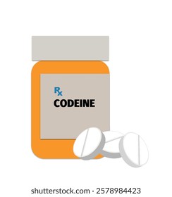 Codeine drug pills bottle. Orange original medicine box with Rx medical symbol, Codeine text and tablet form medicines on the bottle. Methylmorphine, opium-containing analgesic (for moderate pain).