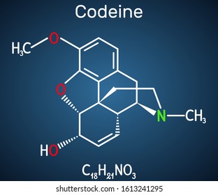Codeine, opioid analgesic molecule. It is used as a central analgesic, sedative, hypnotic, antinociceptive, antiperistaltic agent. Structural chemical formula on the dark blue background. Vector 