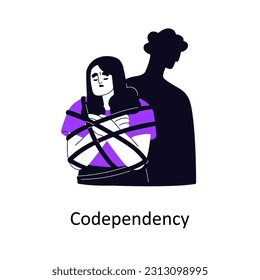 Codependency, addiction in unhealthy couple relationships. Co-dependency problem, psychology mental concept. Codependent addicted woman victim. Flat vector illustration isolated on white background.