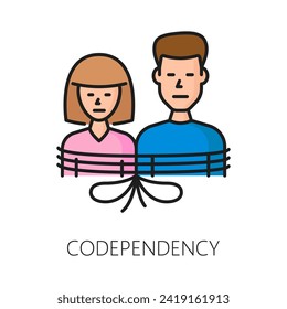 Problema de trastorno psicológico de codependencia, icono de salud mental. Símbolo vectorial lineal que representa las luchas y dependencias de dos individuos atados con cuerda. Pareja en relaciones codependientes