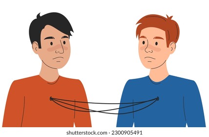 Codependency vector isolated. Two men connected to each other with thread out of the chest. Unhealthy relationship, codependent partner. Homosexual couple, two gay men addicted to each other.