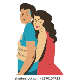 Vector de codependencia aislado. La mujer se envuelve los brazos alrededor del cuerpo de los hombres. Relación de codependencia. Concepto de psicoterapia, psicología. Mujer adicta al hombre, amor infeliz.