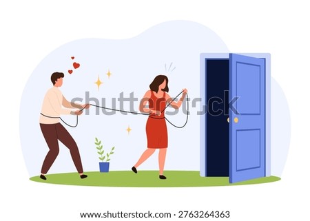 Codependent relationship dynamics concept, featuring a couple connected by a rope, illustrating emotional attachment and dependency, isolated on white background vector illustration.
