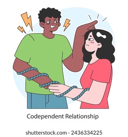 Relación de codependencia. Dependencia psicológica, adicción en la dinámica de pareja no saludable. Hombre y mujer atados con una cuerda. Ilustración vectorial plana.