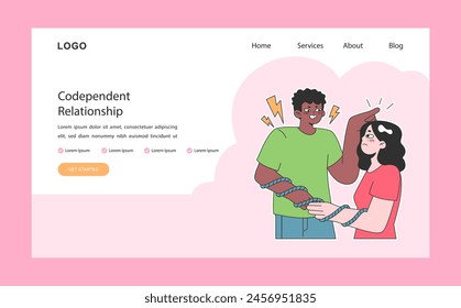 Codependent relationship web or landing. Psychological dependence, addiction in unhealthy couple dynamic. Man and woman tied with a rope. Flat vector illustration.