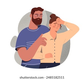 Concepto de relaciones codependientes. Hombre abraza a mujer triste y cansada. Problemas mentales, dependencia de la pareja, complejo de inferioridad. Pareja con problemas psicológicos. Ilustración vectorial plana