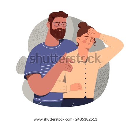 Codependent relationships concept. Man hugs sad and tired woman. Mental problems, dependence on partner, inferiority complex. Couple with psychological issues. Flat vector illustration
