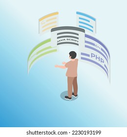 Coder and computer languages isometric 3d vector illustration concept for banner, website, illustration, landing page, flyer, etc.