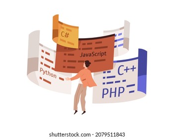 Coder and computer languages. Software developer student with Java, Python, C plus and PHP scripts. Information technology and studying programming concept. Flat vector illustration isolated on white