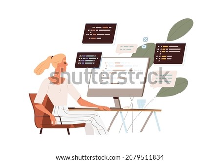 Coder at computer screen with abstract program code. Software developer work with script. Woman programmer at PC. Information technology concept. Flat vector illustration isolated on white background