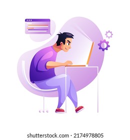 Coder concentrated at working project. Developing programming and coding technologies. Screen with codes, developer at work with task. Geek coding software with laptop and pc. Isolated vector