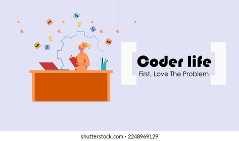 A Coder Life. A Flat illustration of a girl learning to code. A Girl Holding A book and Working on a computer. A developer is improving his level of Programming. Learn From Home.