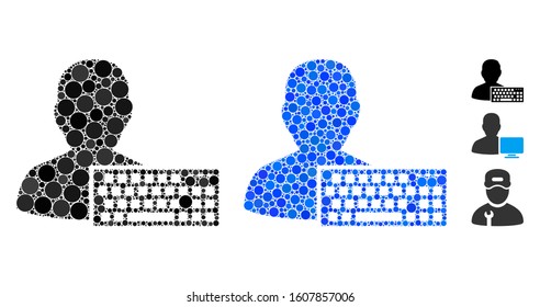 Coder mosaic of filled circles in various sizes and color hues, based on coder icon. Vector small circles are grouped into blue mosaic. Dotted coder icon in usual and blue versions.