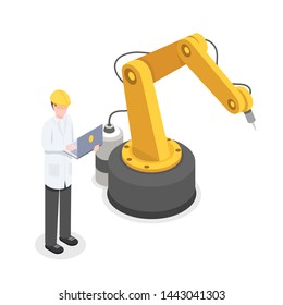 Coder, programmer controlling robotic arm manually. Robotics, cybernetics researcher developing technology isometric vector illustration. Automated, preprogrammed production technology 3d concept