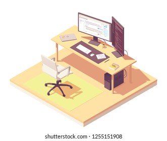Coder or programmer office workspace. Vector isometric room cross-section with desk, desktop pc, two computer monitors, laptop, office chair, programming book