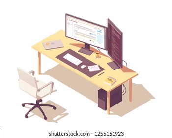 Coder Or Programmer Office Workspace. Vector Isometric Desk, Desktop Pc, Two Computer Monitors, Laptop, Office Chair, Programming Book