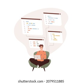 Coder programming with laptop. Backend developer coding. Software engineer at work with scripts. Information technology and development concept. Flat vector illustration isolated on white background