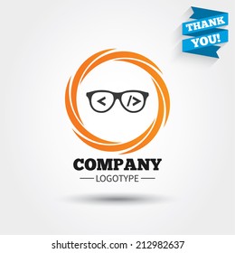 Coder sign icon. Programmer symbol. Glasses icon. Business abstract circle logo. Logotype with Thank you ribbon. Vector