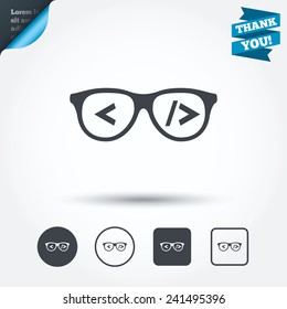 Coder Sign Icon. Programmer Symbol. Glasses Icon. Circle And Square Buttons. Flat Design Set. Thank You Ribbon. Vector