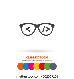 Coder sign icon. Programmer symbol. Glasses icon. Classic flat icon. Colored circles. Vector