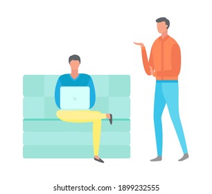 Coder sitting on sofa typing on computer vector. Distant worker using internet and wireless connection, organization of workplace flat style people