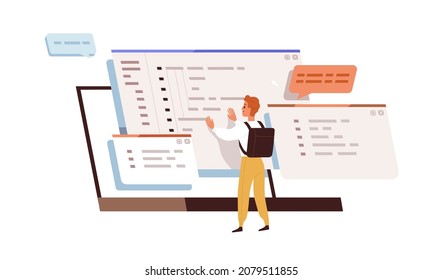 Coder work under software development. Backend developer coding. Programmer student, screen and abstract computer language. Programming concept. Flat vector illustration isolated on white background