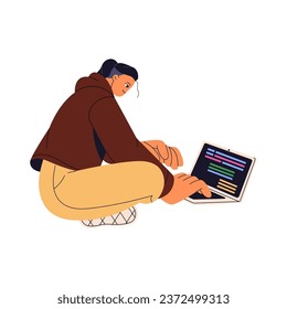 Coder working on laptop. Freelance programmer writing code, script. Software engineer typing, testing development. Frontend, backend programming. Flat isolated vector illustration on white background