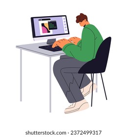 Coder writing code on computer. Digital designer typing, developer sitting on chair. Professional software engineer work. People in programming. Flat isolated vector illustration on white background