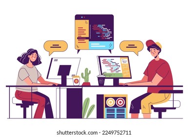 Coders programmers developers characters collaborating and working at new code online by internet communication. Office environments and writing new code together. Modern simple line outline hand draw