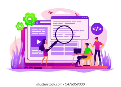 Coders and programmers team, web designers characters creating content. Front end developer, website interface, coding and programming concept. Vector isolated concept creative illustration