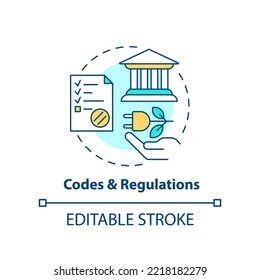 Codes und Reglement-Konzept Symbol. Ökokraft. Erneuerbare Energie Unternehmen braucht abstrakte Idee dünne Linie Illustration. Einzeln Umrisszeichnung. Bearbeitbarer Strich. Arial, Myriad Pro Fett Schriftarten verwendet