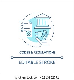 Codes and regulations turquoise concept icon. Eco power. Green energy requirements abstract idea thin line illustration. Isolated outline drawing. Editable stroke. Arial, Myriad Pro-Bold fonts used