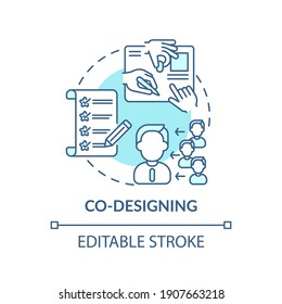 Co-designing Concept Icon. Co Creation Type Idea Thin Line Illustration. Intensive Ideation And Design Session. Collaborative Approach. Vector Isolated Outline RGB Color Drawing. Editable Stroke