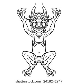 
Codex gigas satan,Vector illustration in engraving technique of demon, Satanic, occult symbol, Isolated on white background.