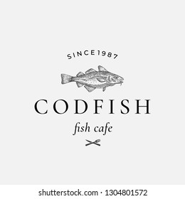 Codfish Abstract Vector Sign, Symbol or Logo Template. Hand Drawn Cod Fish with Classy Retro Typography. Fork and Knife Icon. Vintage Vector Emblem. Isolated.