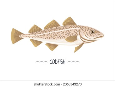 Codfish fresh raw cartoon vector icon, sign, simbol. Pasific, atlantic cod fish object, emblem. Isolated on white. Vector illustration, design element for package, label, print, menu