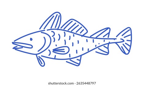 Codfish in side hand drawn illustration. Seafood and marine animal concept for design and print.