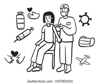 Codid19 Vaccination Web Vector Illustration Linear bacteria virus mask care health 