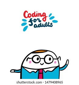 Coding for adults hand drawn vector illustration in cartoon style. Programmer in suit blue