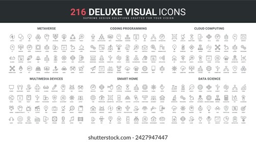 Coding, AI for science research and metaverse, cloud computing line icons set. Automation of temperature and monitor services, multimedia device for smart home thin black symbols vector illustration