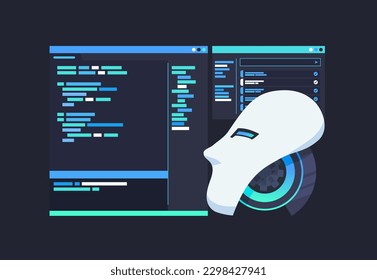 Coding Assistant Artificial Intelligence Robot Programming Pair Code Refactoring Generation and Debugging Vector Illustration Concept