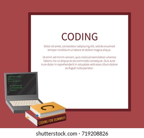 Coding banner with portable computer and thick textbooks for informatics studies vector illustration with place for text. Open laptop with program code on screen.